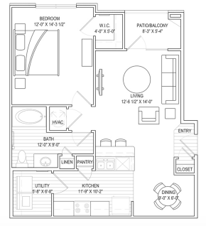Floor plan for 1 bed, 1 bath, 768 sqft